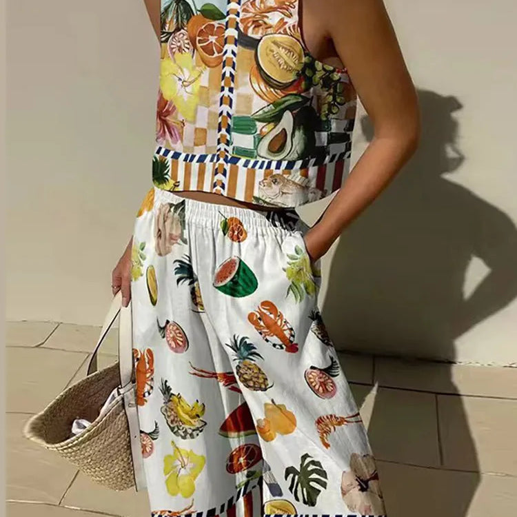 Casual Printed Pant Suits For Women Vintage Crew Neck Sleeveless Vest High Waist Loose Trouser Sets Female Beach Holiday Outfits