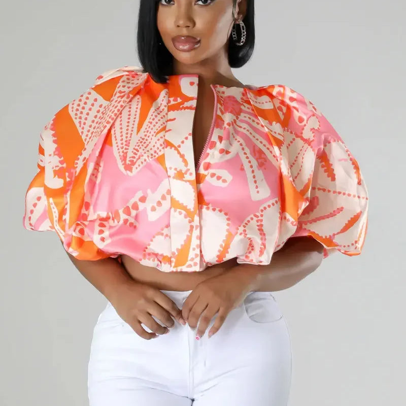 CM.YAYA Summer Street Women Shirts Fashion Ruched Short Puff Sleeve Mini Blouse 2024 Street Print Casual Holiday Shirts Tops