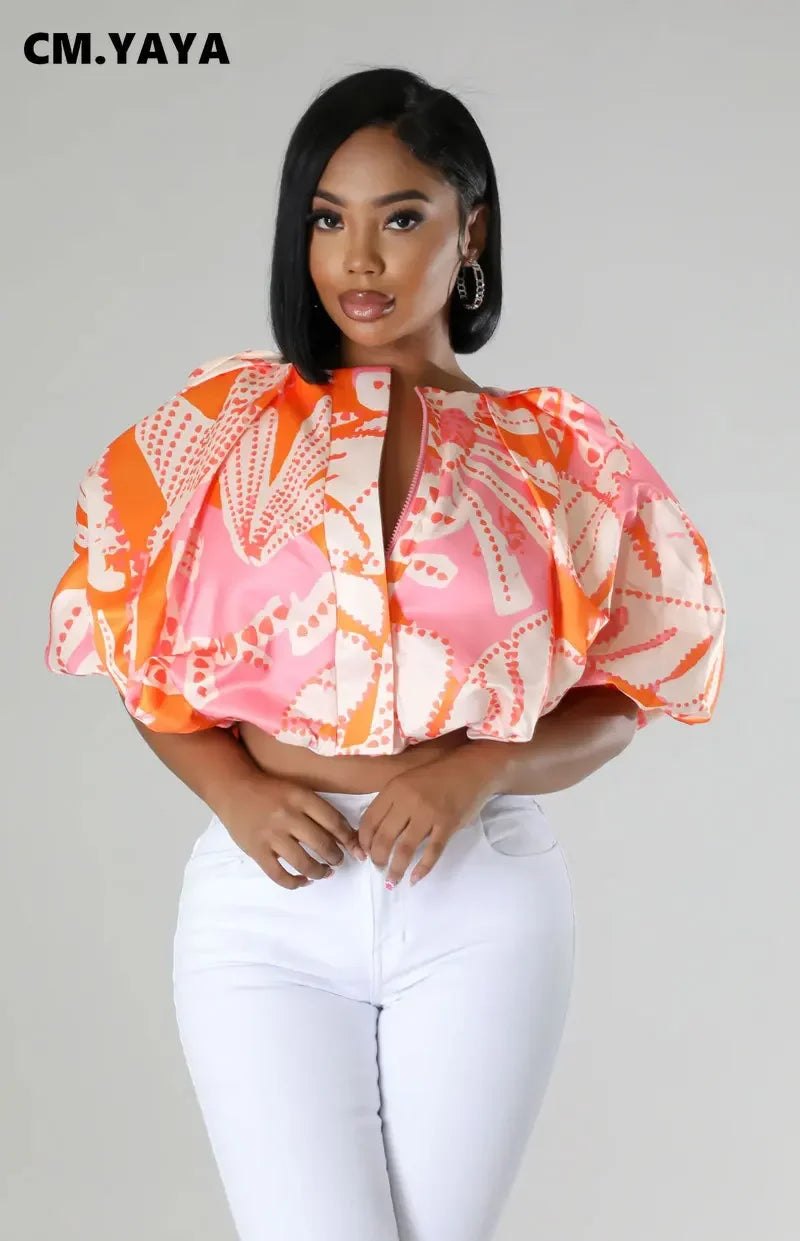 Summer Street Women Shirts Fashion Ruched Short Puff Sleeve Mini Blouse 2024 Street Print Casual Holiday Shirts Tops