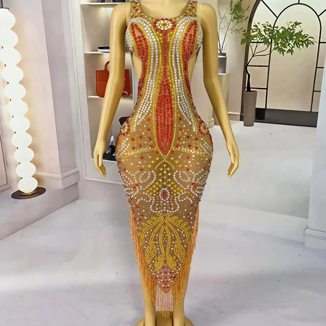 High-end Chic Asymmetrical Long Dress for Women Sparkly Rhinestone Tassel Evening Gown Birthday Queen Ball Dress Jinguangxian