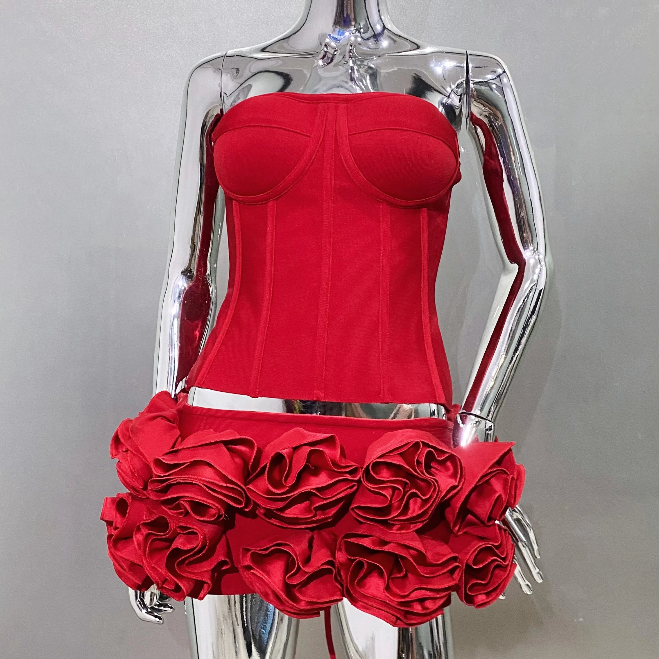 2024 Red color Back Lacing Body shaping Strapless Top And Stereoscopic Flowers Mini Skirt 2 pieces Woman Birthday Party Dress
