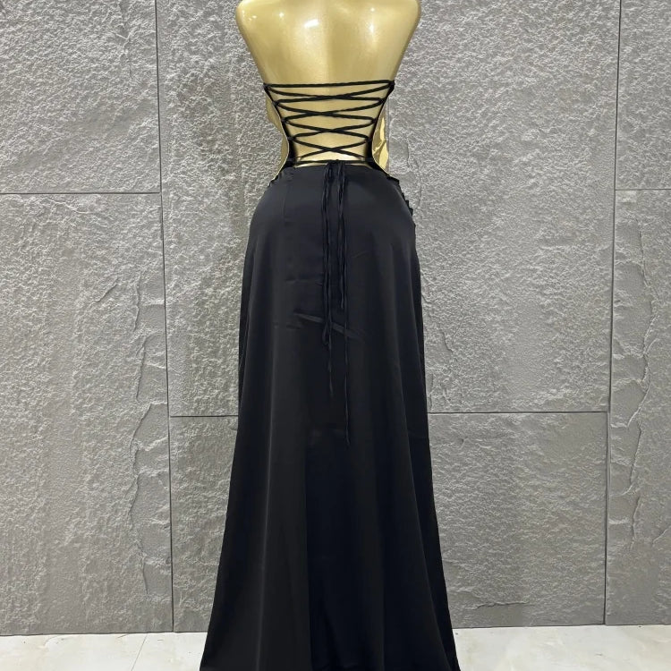 Hot Sale Discount Women Sexy Golden Tops Floor-length Skirt 2 Pieces Straight Dress Elegant Evening Party Celebrate Outfit