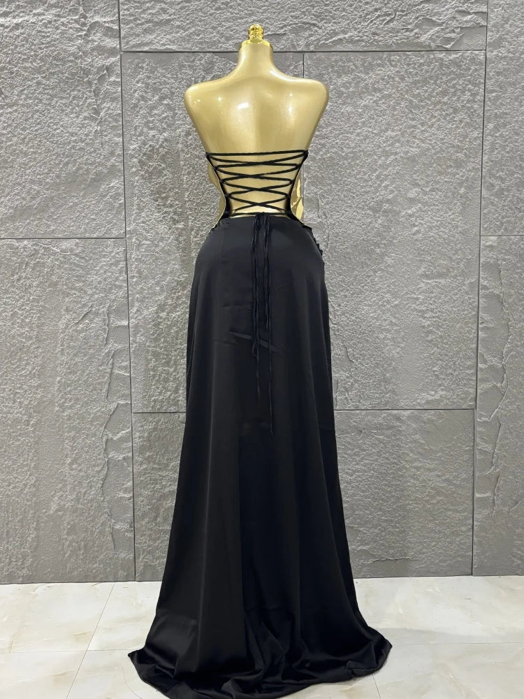 Hot Sale Discount Women Sexy Golden Tops Floor-length Skirt 2 Pieces Straight Dress Elegant Evening Party Celebrate Outfit