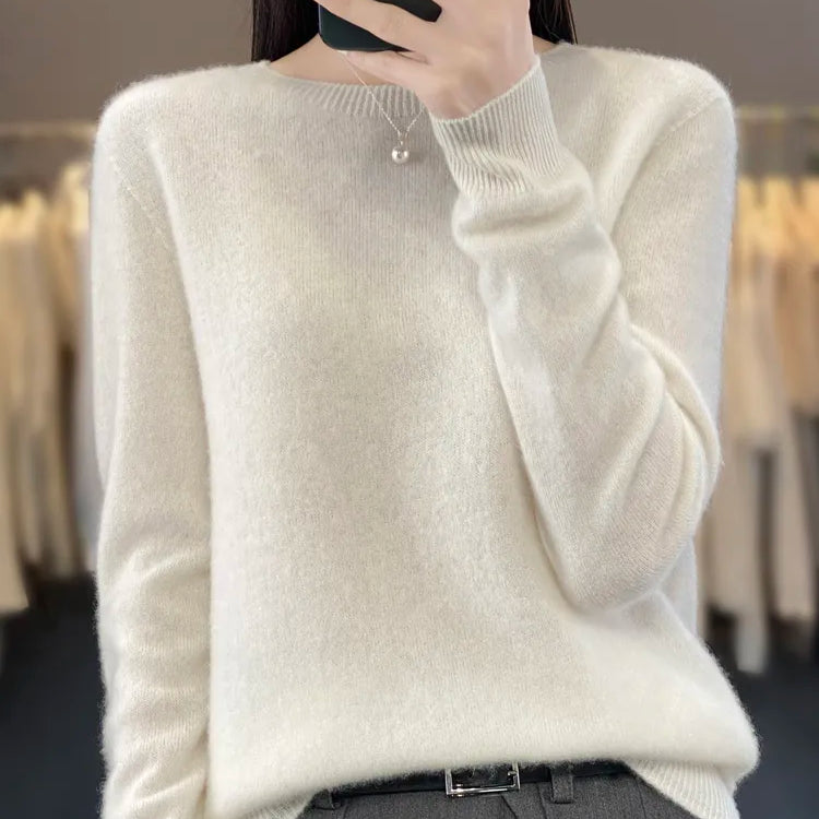 Women 100% Pure Merino Wool Knitted Sweater Autumn Winter Fashion O-Neck Top Cashmere Warm Pullover Seamless Jumper Clothes White
