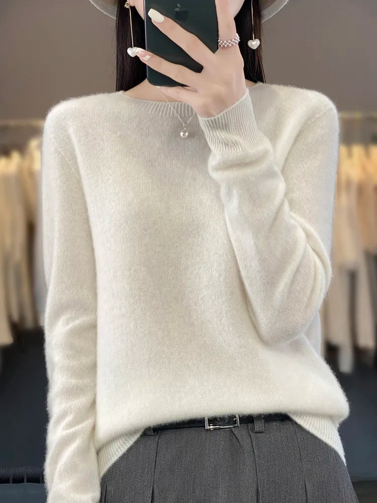Women 100% Pure Merino Wool Knitted Sweater Autumn Winter Fashion O-Neck Top Cashmere Warm Pullover Seamless Jumper Clothes White