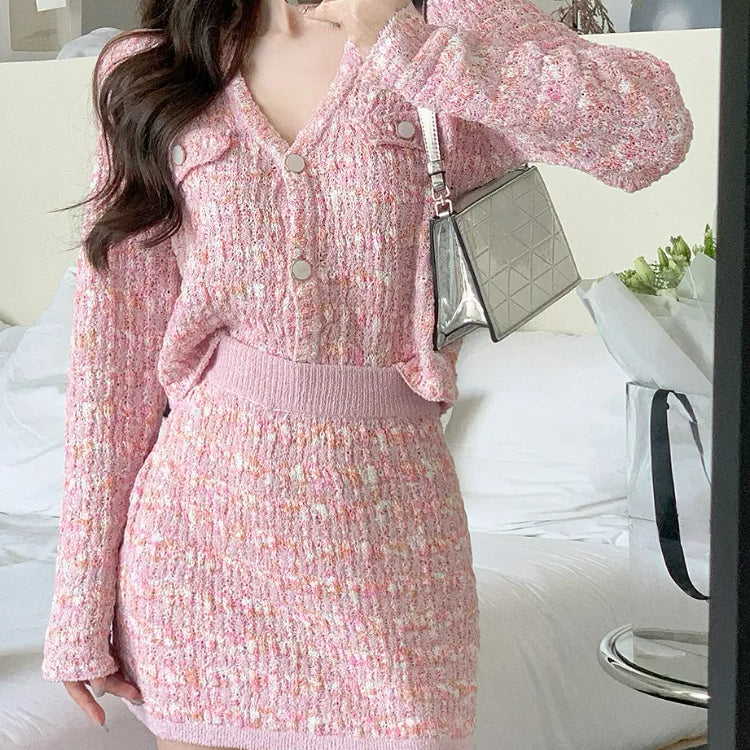 Duas Peças De Vestido Set Doce Cardigan Sweater + Slim Skirt Pink Elegant Y2k Mini Dress 2022 Outono Office Lady Casual Knitted Suits