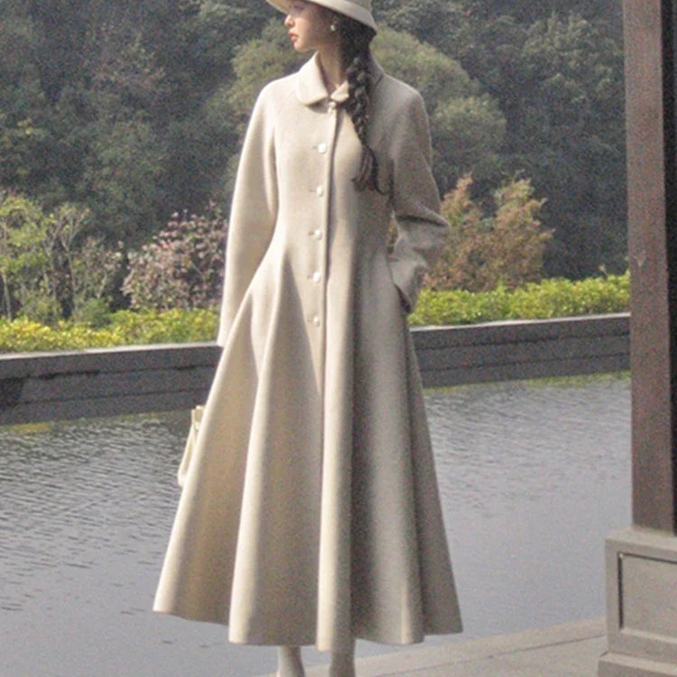 Winter Long Wool & blends Coat for Women Chic Luxury Elegant High Quality Womans Clothing Skirted Woolen Overcoat 2024