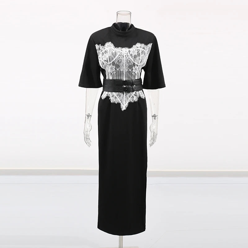 Hit Color Slimming Spliced Lace Dresses for Women Round Neck Half Sleeve Split Temperament Dress Female Fashion New