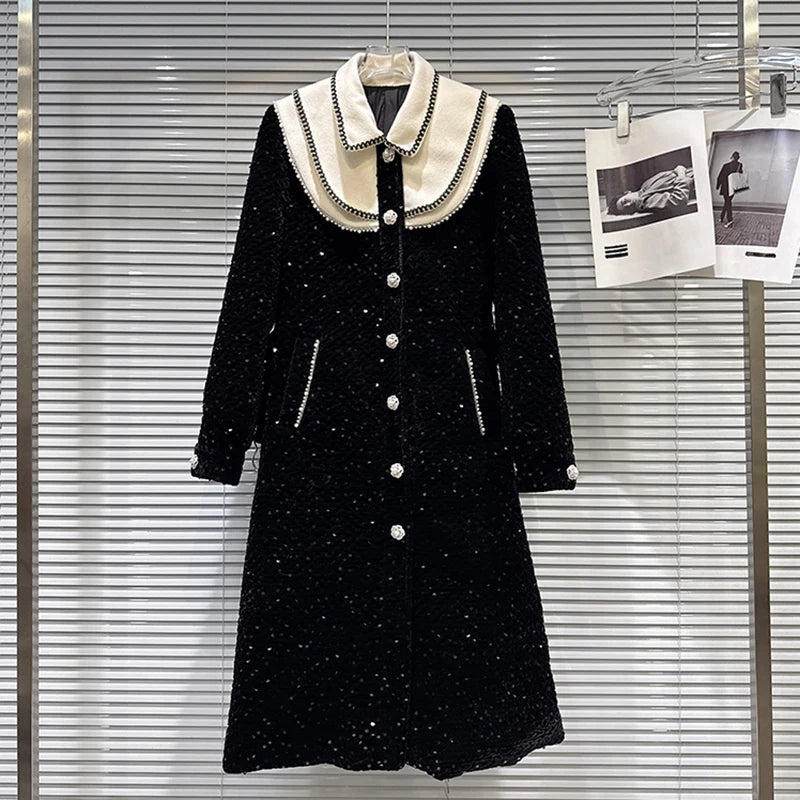 Winter New Elegant Temperament Pearl Edge Shawl With Belt Cotton Lined Trench Coat For Women Windbreaker 11A07739 Black