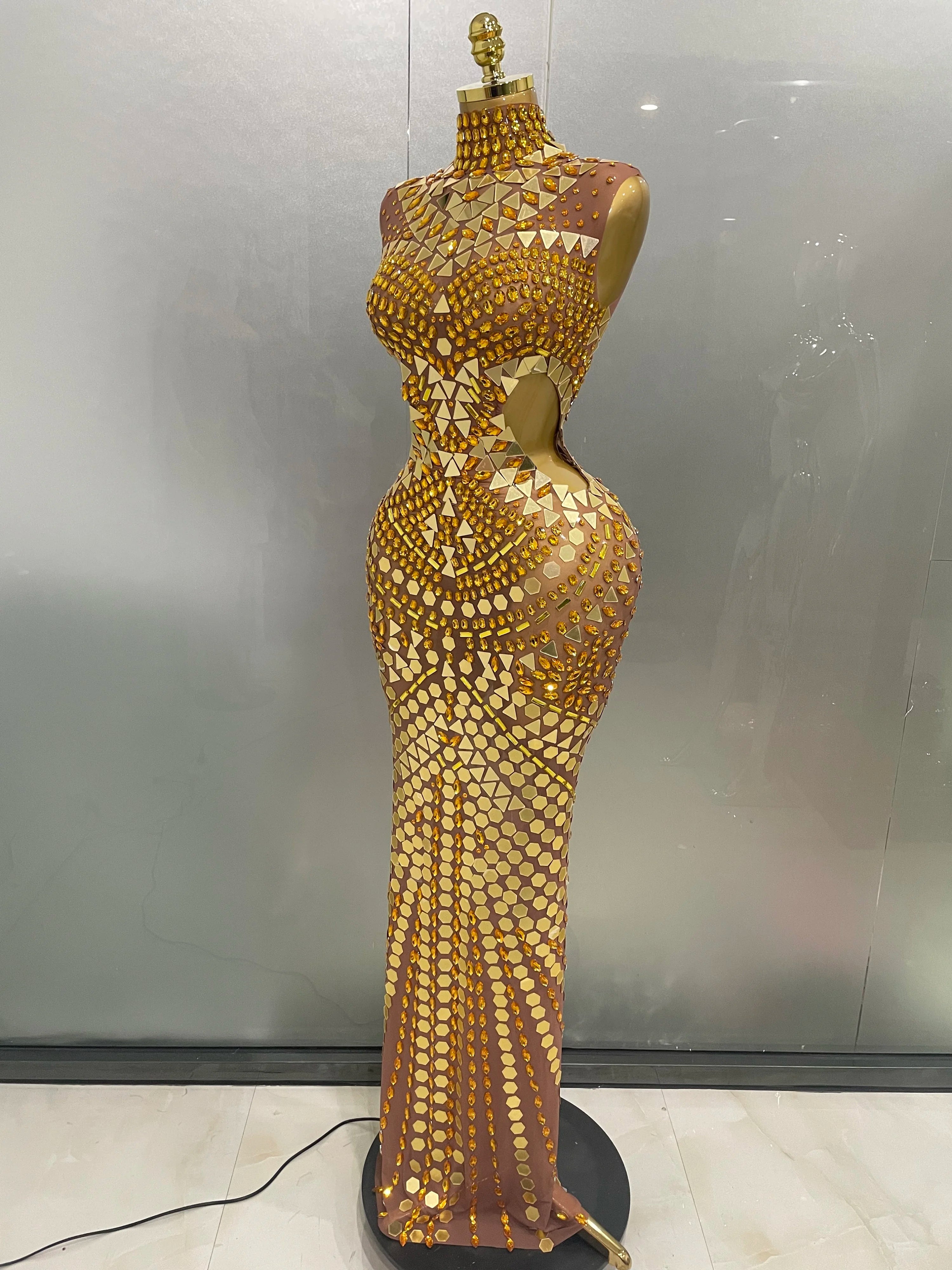 Luxury Shiny Mirror Rhinestones Hollowed-out Long Dress 2025Women Celebrity Evening Party Catwalk Prom Stage Photo Shoot Dresses