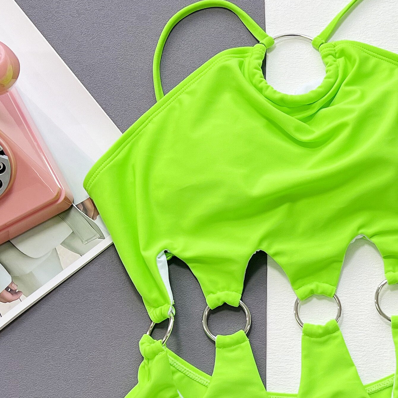 Sexy One Piece Swimsuit Swimwear - Fluorescent Green Hollow Circles High Waist Bathing Suit Beachwear Banadores Mujer