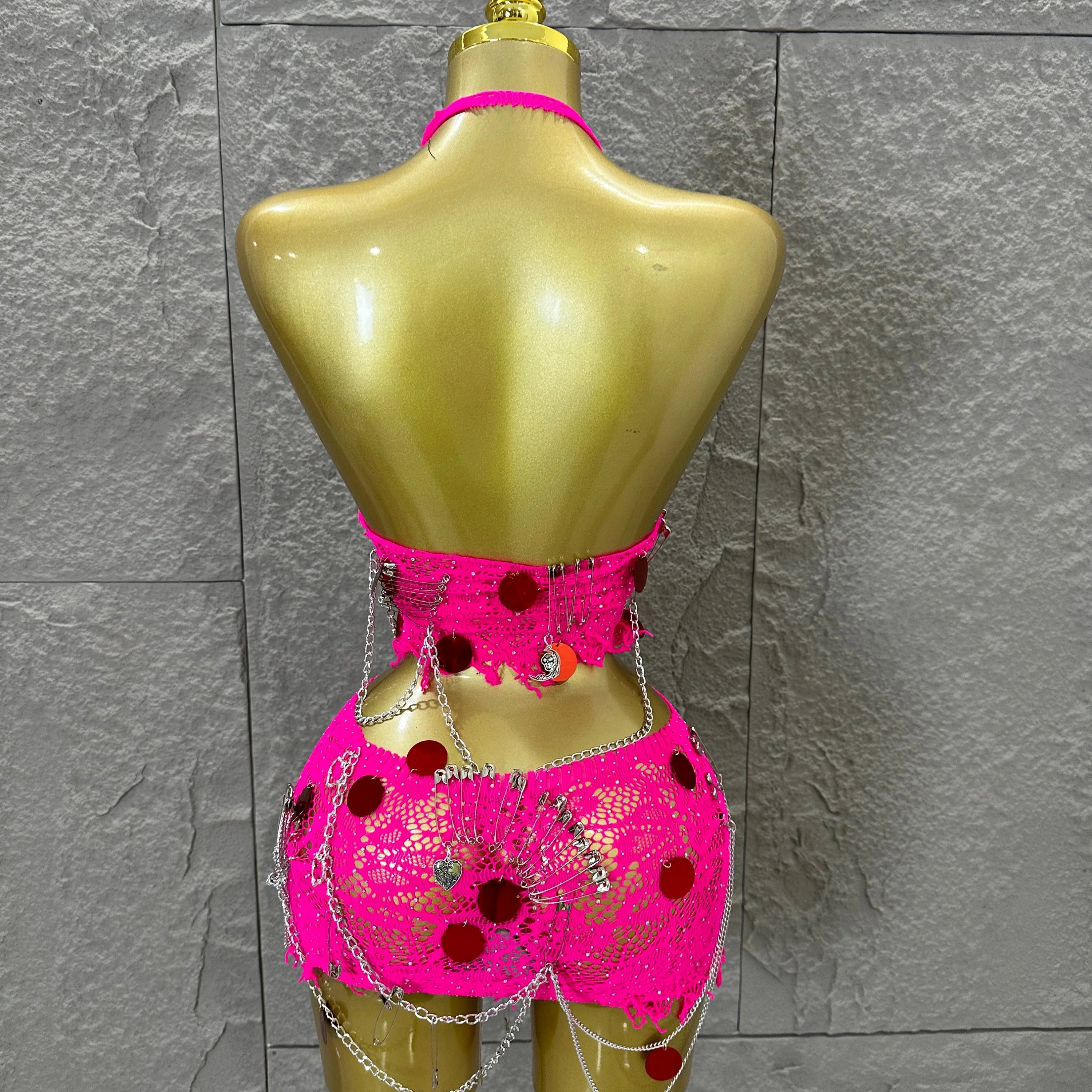 Women Sexy Safety Pin Lace Two Piece Set Halter Neck Sequin Embellished Crop Top & Mini Skirt Outfit Stage Performance Costume