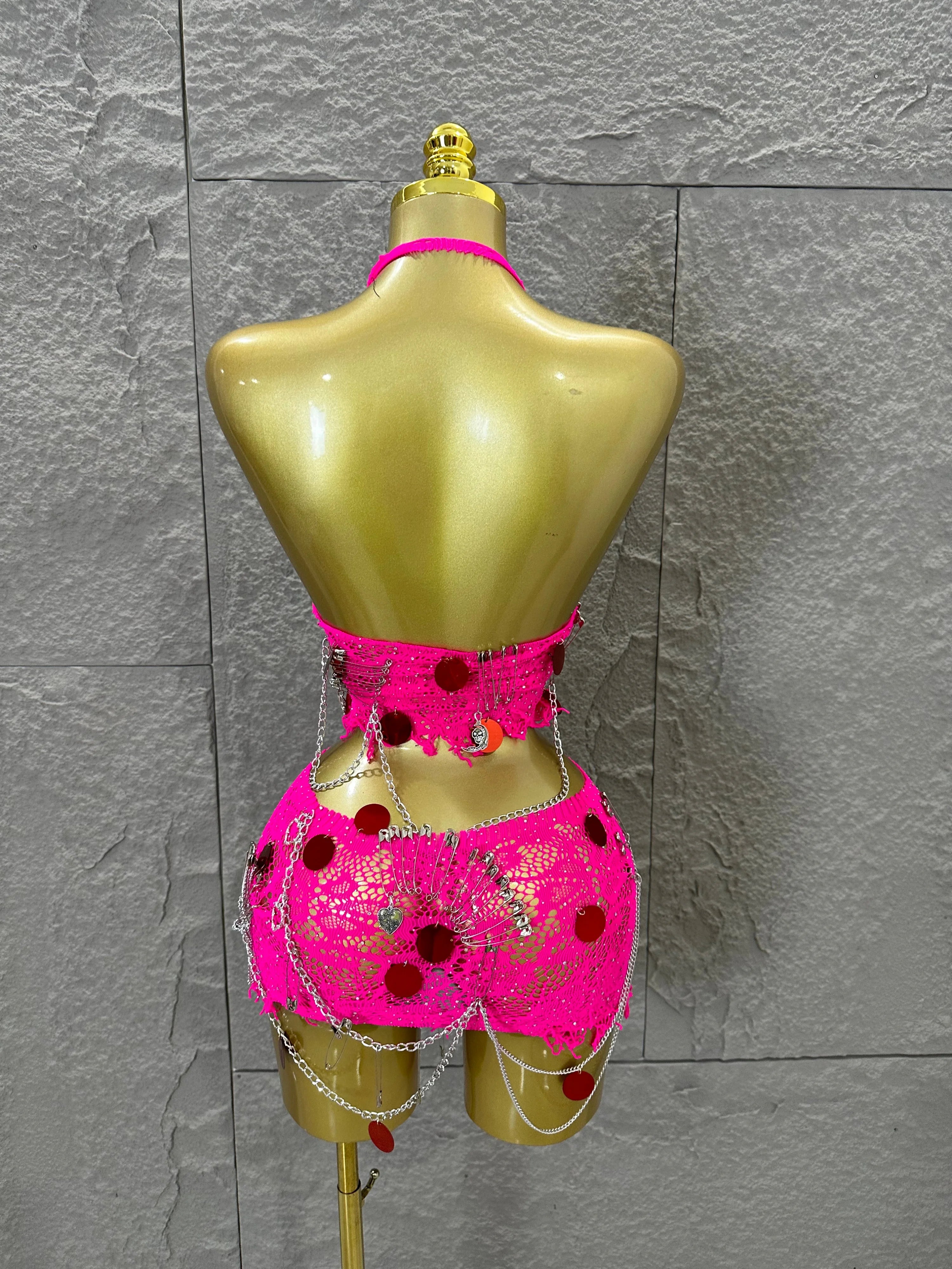 Women Sexy Safety Pin Lace Two Piece Set Halter Neck Sequin Embellished Crop Top & Mini Skirt Outfit Stage Performance Costume