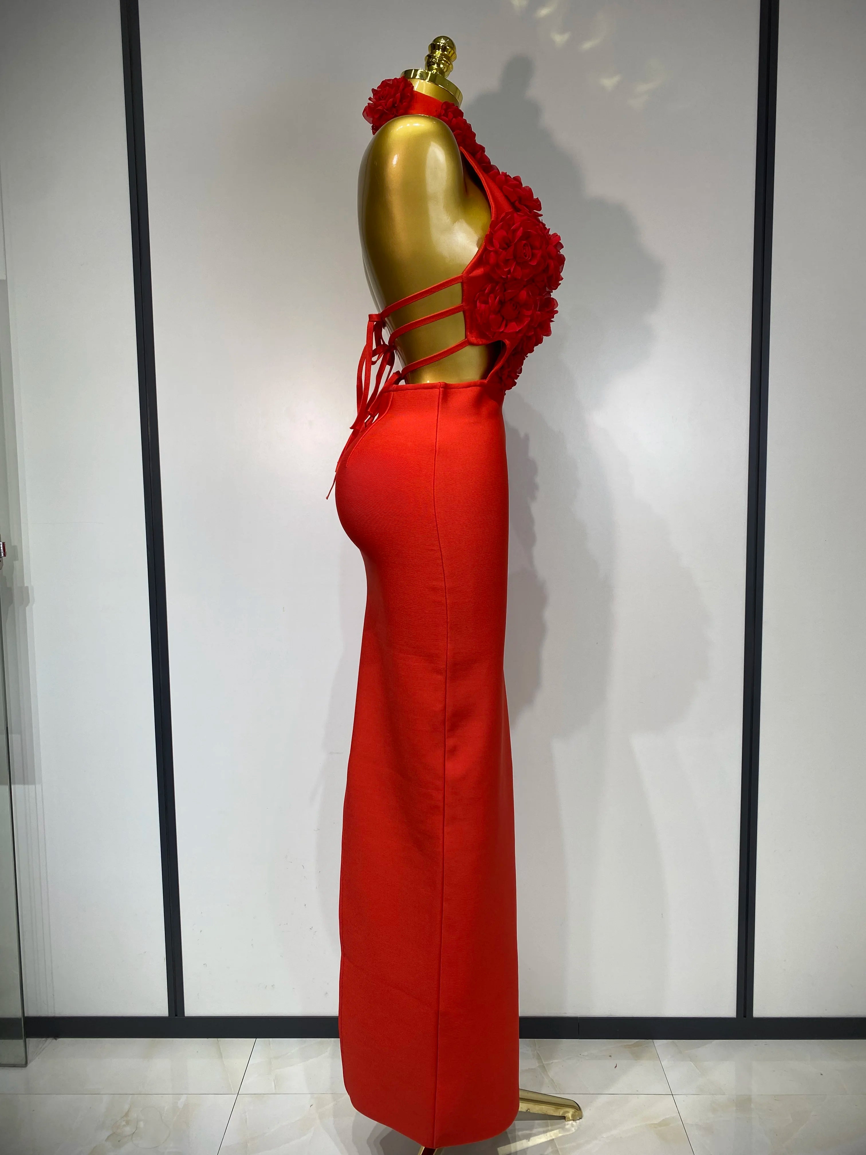 2025 New Women Sexy Halter Hollow Out Flowers Bodycon Bandage Dress Red Backless Elegant Party Luxury Birthday Wedding Dresses