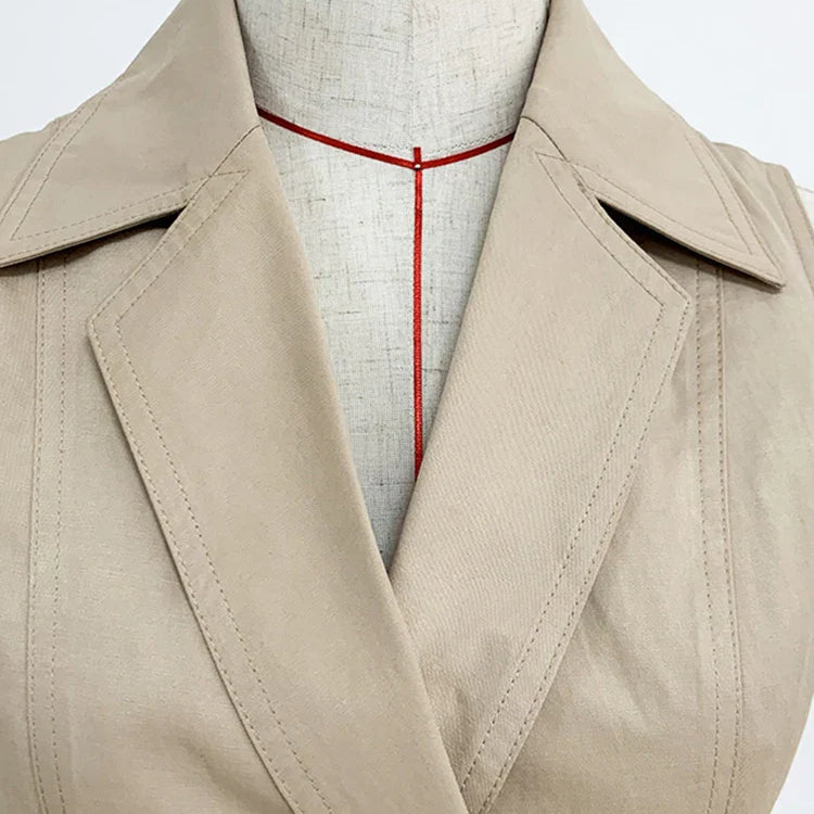 Top Newest Stylish Summer Designer Women's Sleeveless Notched Collar Double Breasted Lion Buttons Mini Cotton Dres