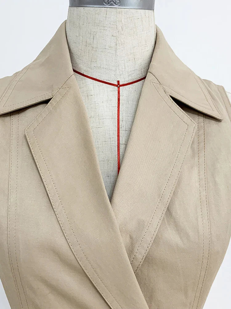 Top Newest Stylish Summer Designer Women's Sleeveless Notched Collar Double Breasted Lion Buttons Mini Cotton Dres