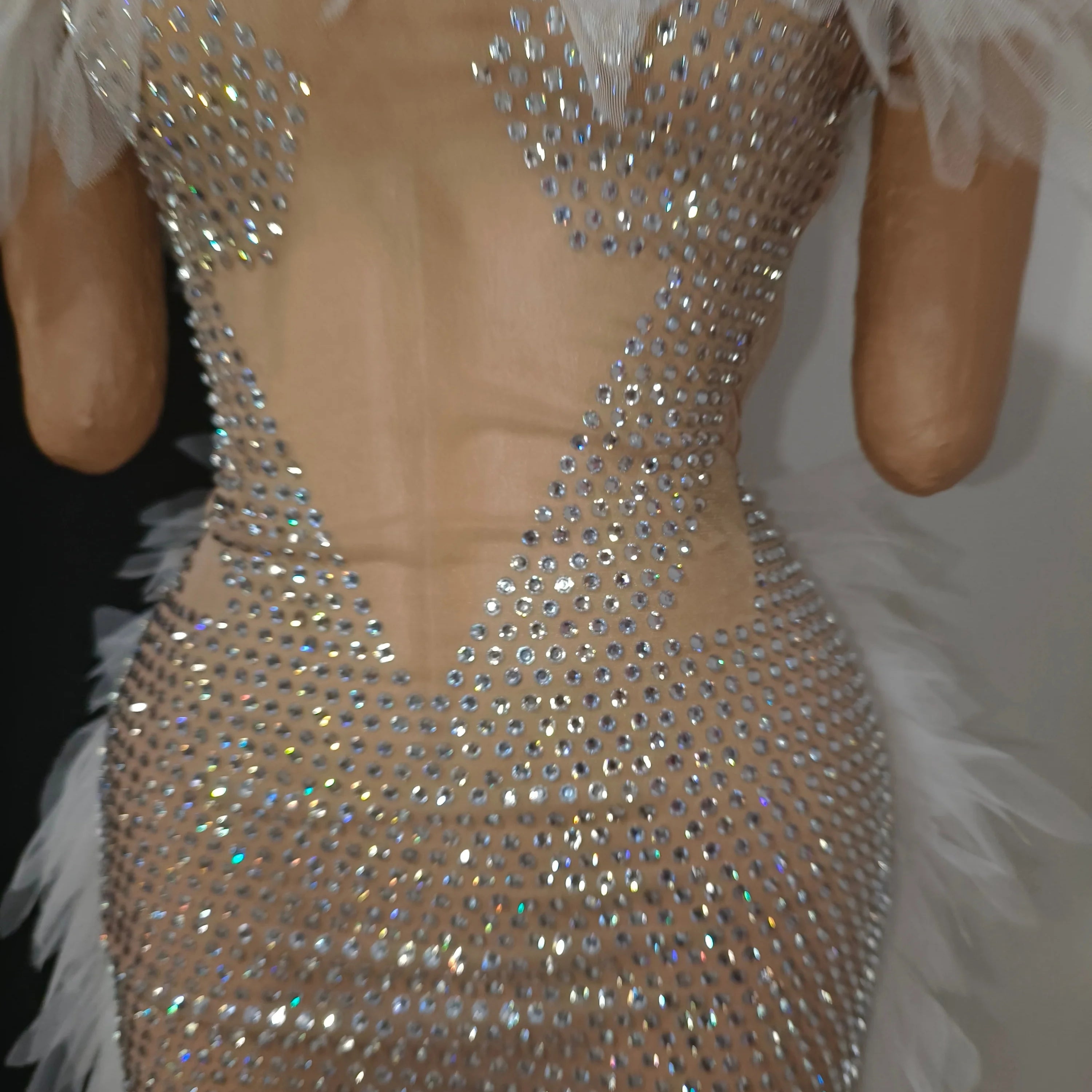 Bridal Shower Nightclub Birthday Party Dress Elegant Lace White Crystal Rhinestone Sheer Illusion Neck Tulle Mesh Mini Dress