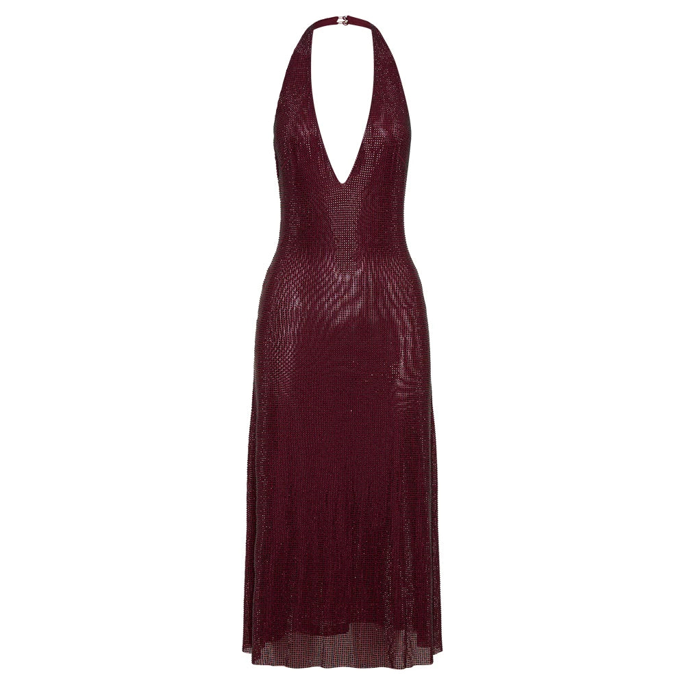 Stylish Halter Open-Back V-Neck Sequins Dress for Fashion Events Party Evening Gown Claret