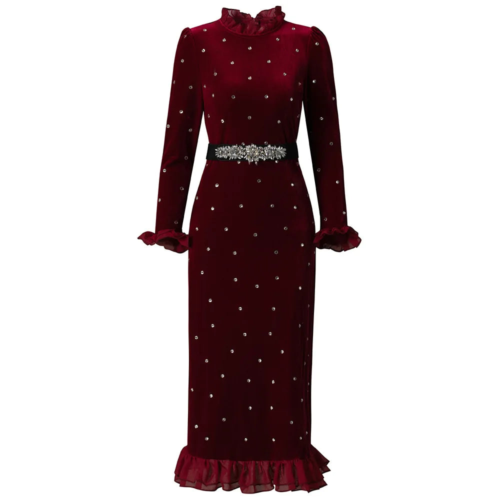 Solid Slimming Spliced Wave Point Elegant Dresses for Women Round Neck Long Sleeves Patchwork Bead Dress Female New RED
