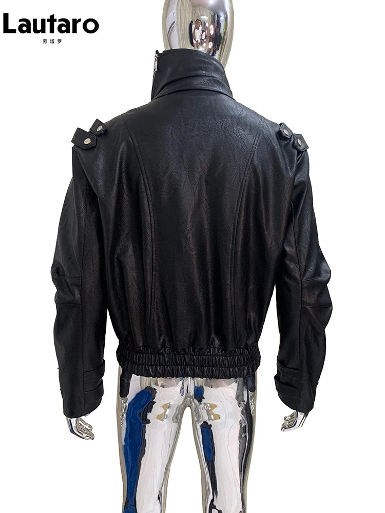 Mauroicardi Spring Autumn Cool Windproof Short Black Faux Leather Jacket Men Zipper Chic Luxury Designer Clothes Streetwear 2025