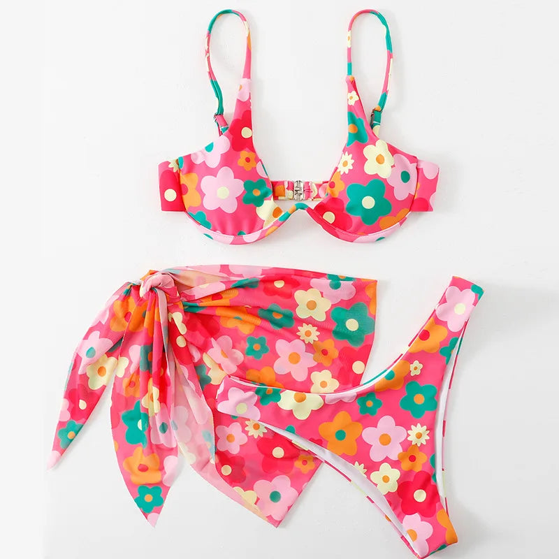 Tie Dye Bikini 2022 Skirts 3 Pieces Set Push Up Swimsuit Women Underwired Swimwear Female Sexy Bathing Suit Beach Wear 3