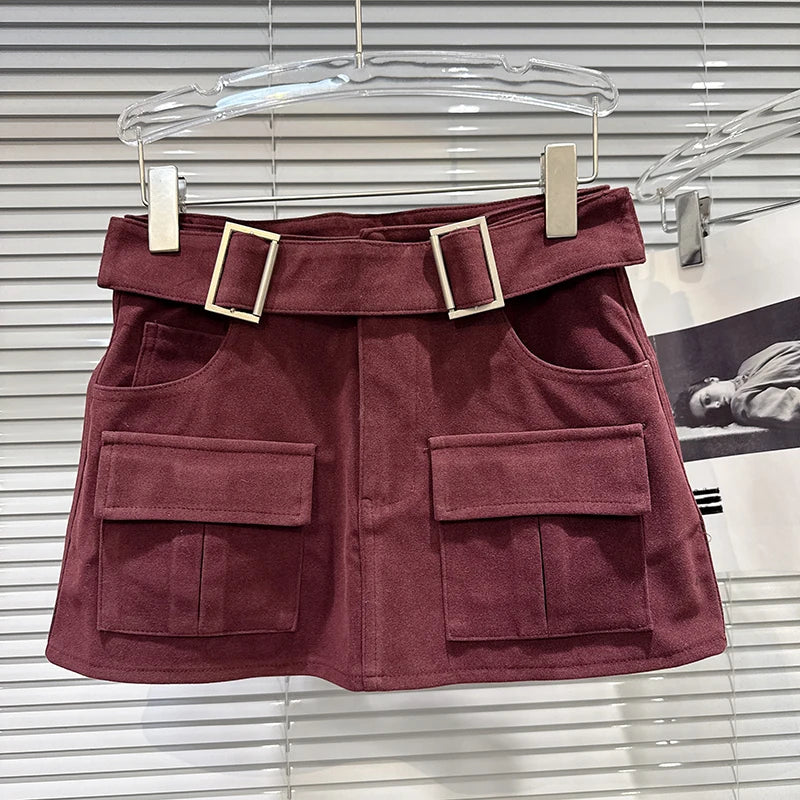Winter New Fashion Style Metal Belt Pocket Suede Cargo Short A-line Skirt For Women Wrapped Hip A-line Skirts 11A07737