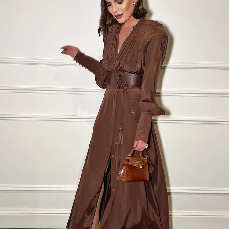 2024 Spring Fashion Dresses For Women Plunging V Neck High Waist Belt Long Sleeves Wedding Party Dress Brown Gowns