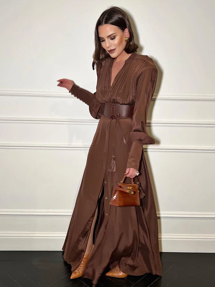 2024 Spring Fashion Dresses For Women Plunging V Neck High Waist Belt Long Sleeves Wedding Party Dress Brown Gowns