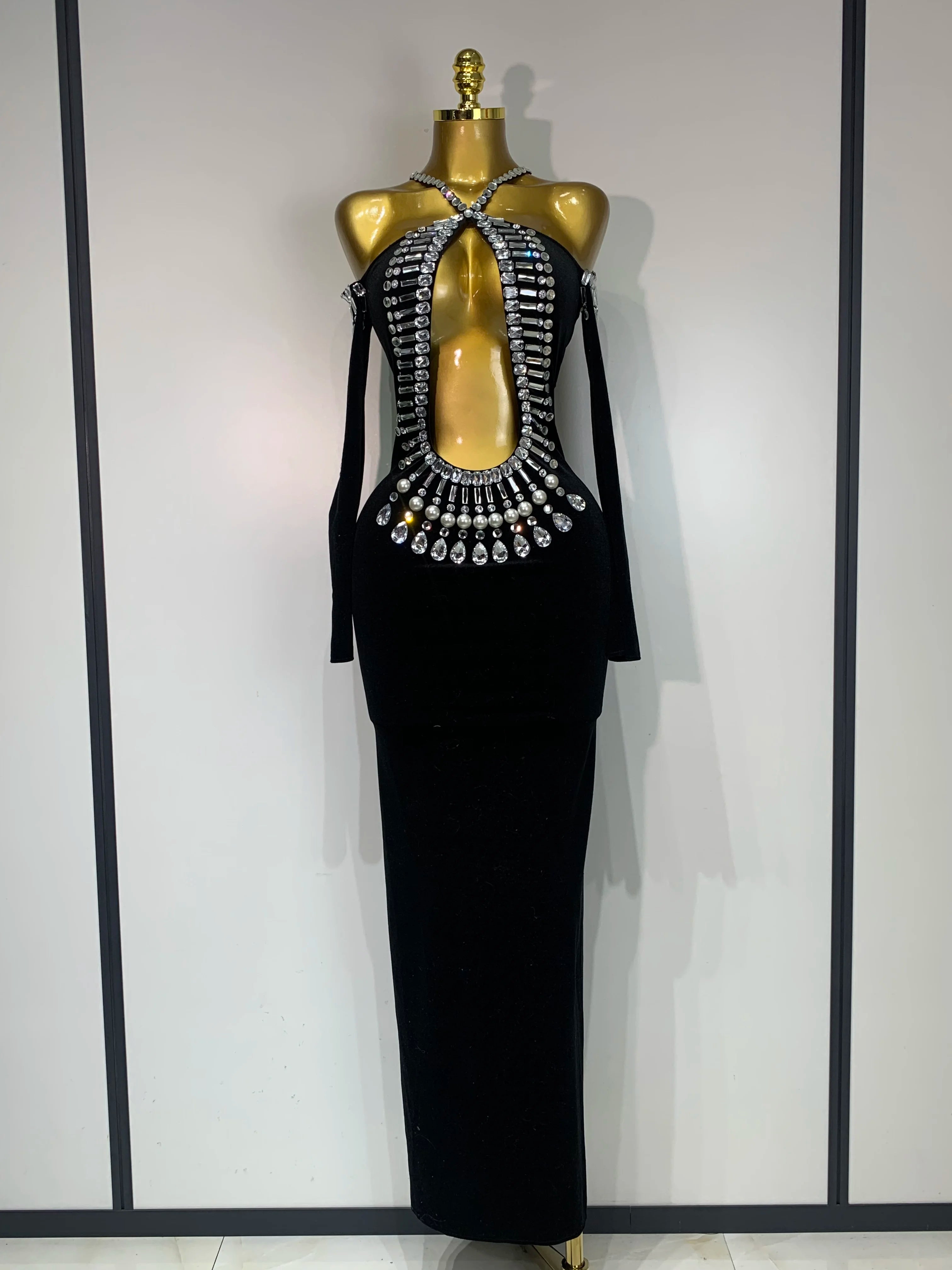 Luxury Birthday Dress Sexy Black Velvet Hollow Out Bodycon Dress Halter Evening Dress Drag Queen Nightclub Wedding Dress black