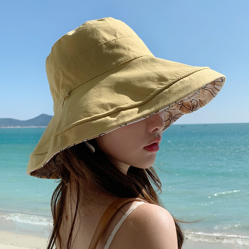 2024 Spring Summer Print Reversible Sun Beach Hat Woman Girl Outdoor Travel Vacation Fisherman Cap Wide Brim 12.5cm Visor Hat A Yellow Head Girth 56-58cm