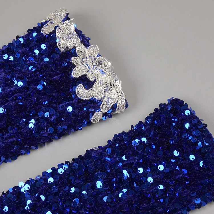 Luxury Blue Strapless Mermaid Prom Dress Sequined Sweetheart Neck Rhinestones High Slit Cocktail Evening Gowns with Gloves