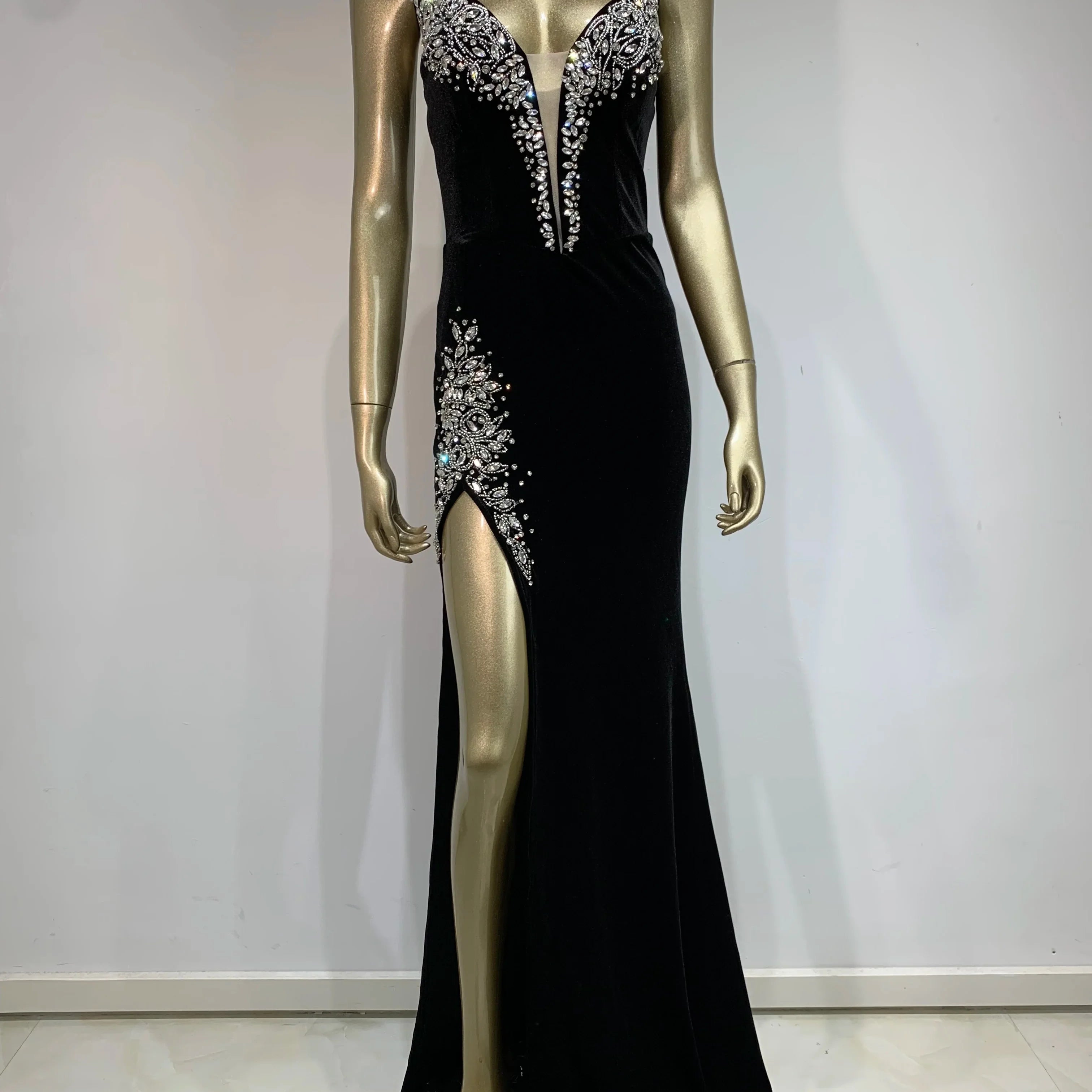 Sexy Strapless Backless Beading Diamonds Black Maxi Long Women Celebrity Dress Elegant Party Evening Stage Vestido