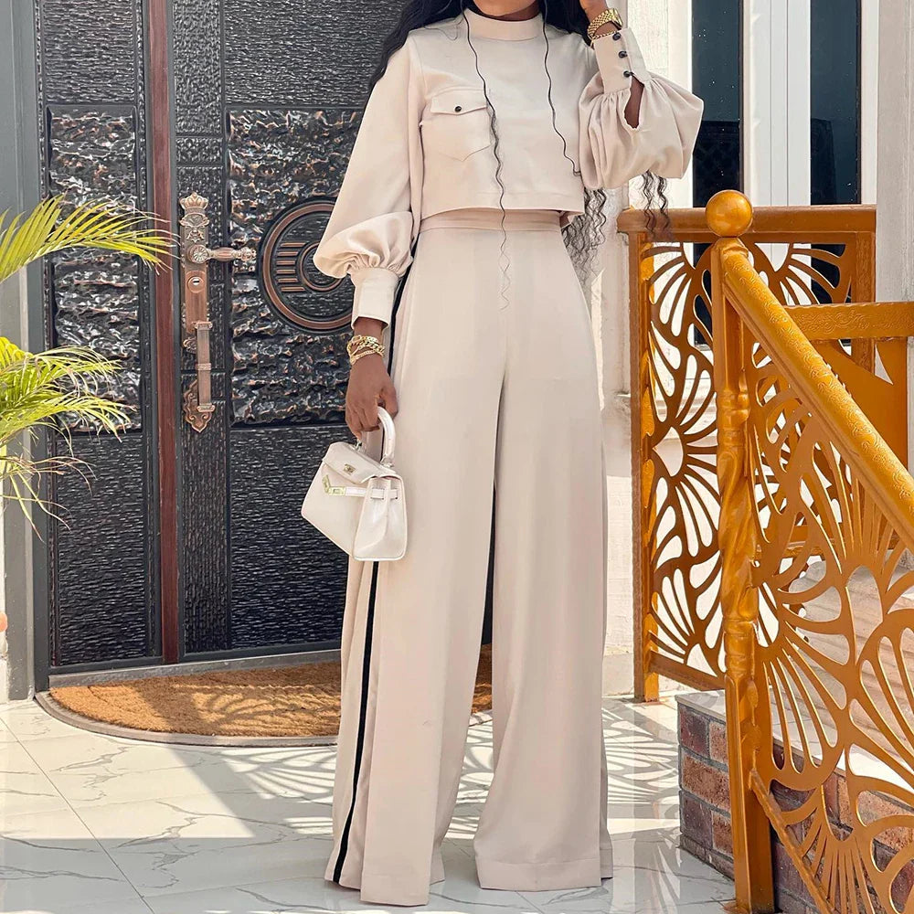 Autumn New Women Large Size Loose And Elegant Half High Collar Fashionable Long Sleeved Tops Wide Leg Pants Casual Two Piece Set Apricot