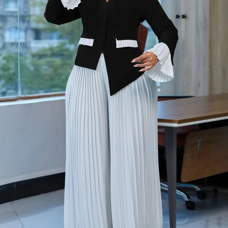 Plus Size Spring Autumn 2 Two Piece Set Women Slim Fashion Irregular Ladies Blouses Pleated Loose Wide Leg Woman Long Pant