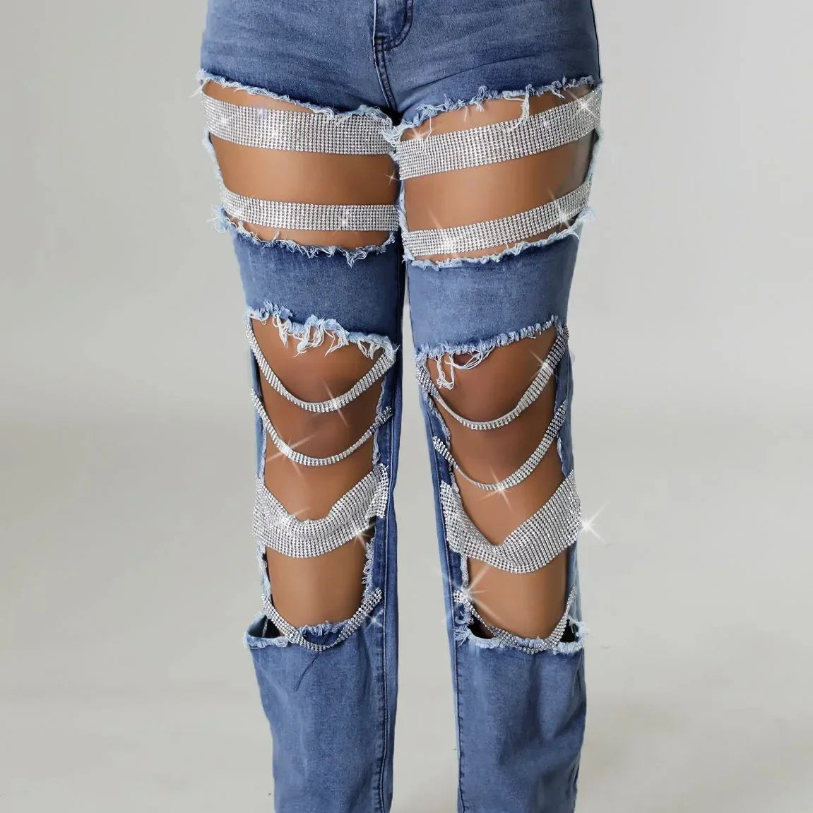 Women Fashion Pearl Beading Ripped Hollow Out Tassel Wide Leg Jeans 2024 New Summer INS Street Denim Pants Trousers