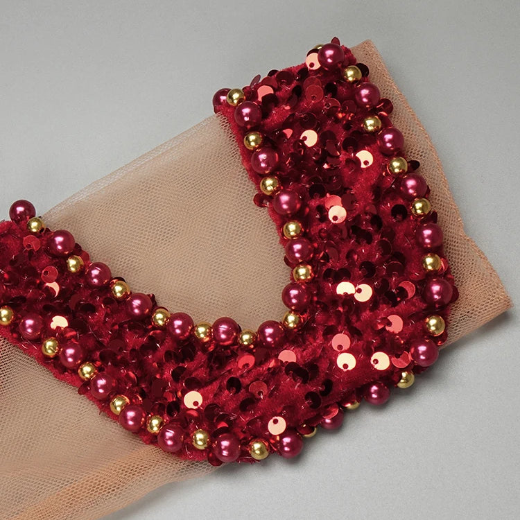 Red Shiny Sequins Pearl Chain See Through Mesh Long Dress Long Sleeves Beading Maxi Elegant Party Evening Gowns Vestido