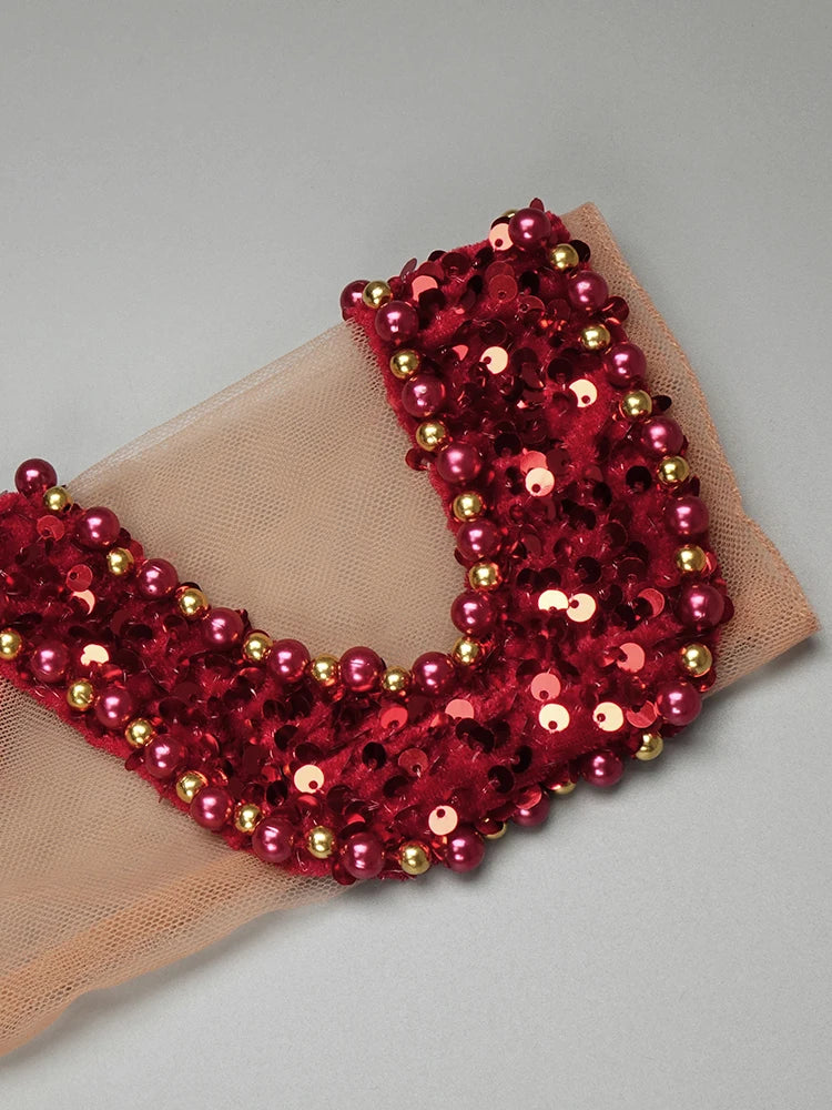 Red Shiny Sequins Pearl Chain See Through Mesh Long Dress Long Sleeves Beading Maxi Elegant Party Evening Gowns Vestido