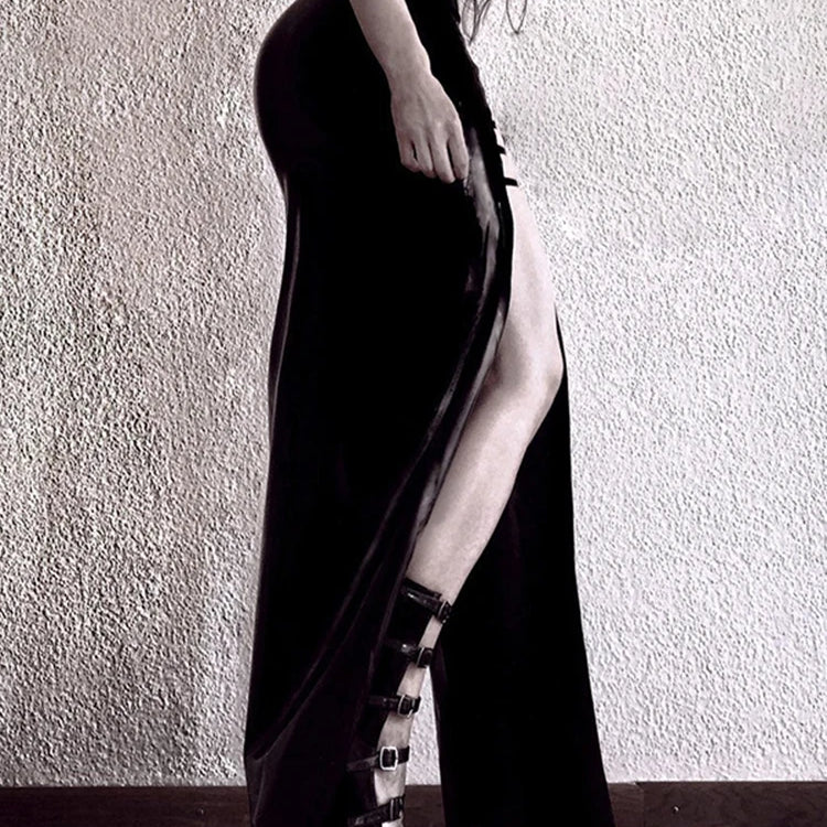 Lautaro Spring Soft Shiny Reflective Black Faux Leather Maxi Skirt Women with Double High Slit Dark Academia Y2K Clothes 2025