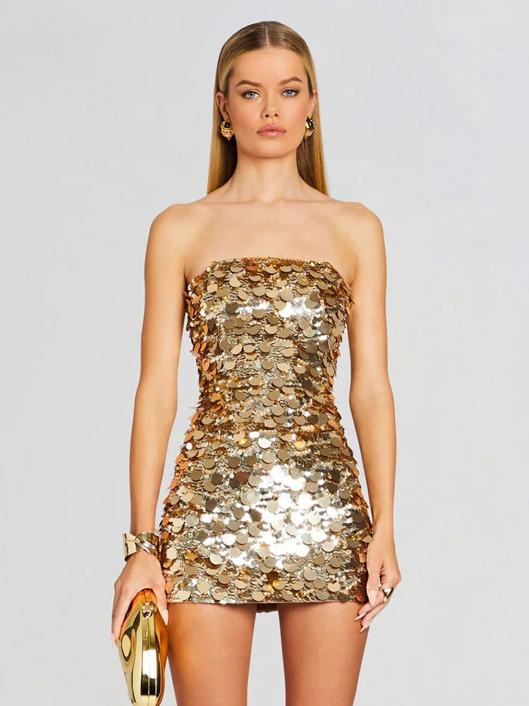 Red Gold Sequins Shinning Sexy Strapless Bodycon Mini Dress Nightclub Party Celebrate Birthday Date Dress Vestido Gold