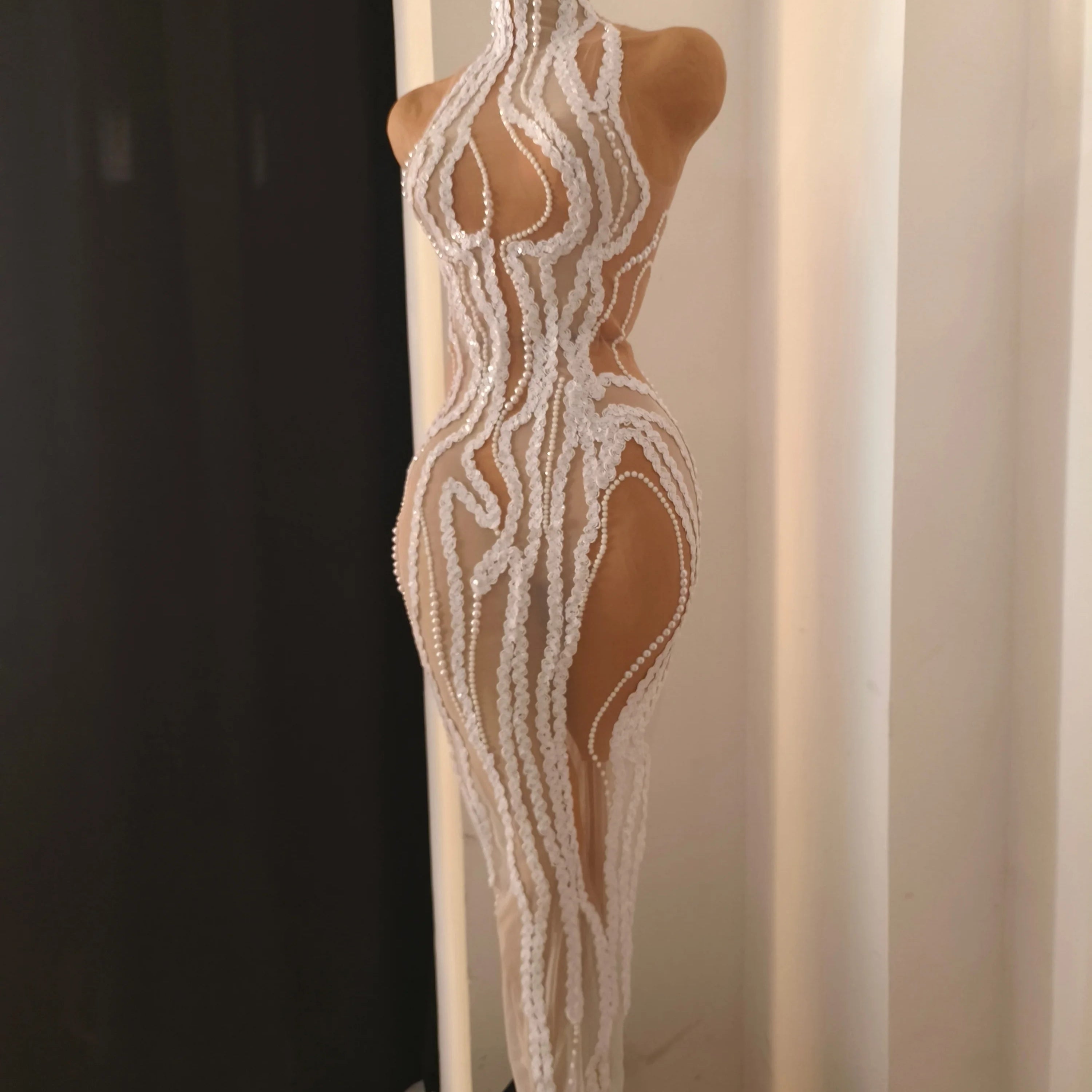 Refined White Sheer Mesh Maxi Dress Women Sexy High Neck Pearl Lace Bodycon Cocktail Nightclub Evening Gala Party Costume