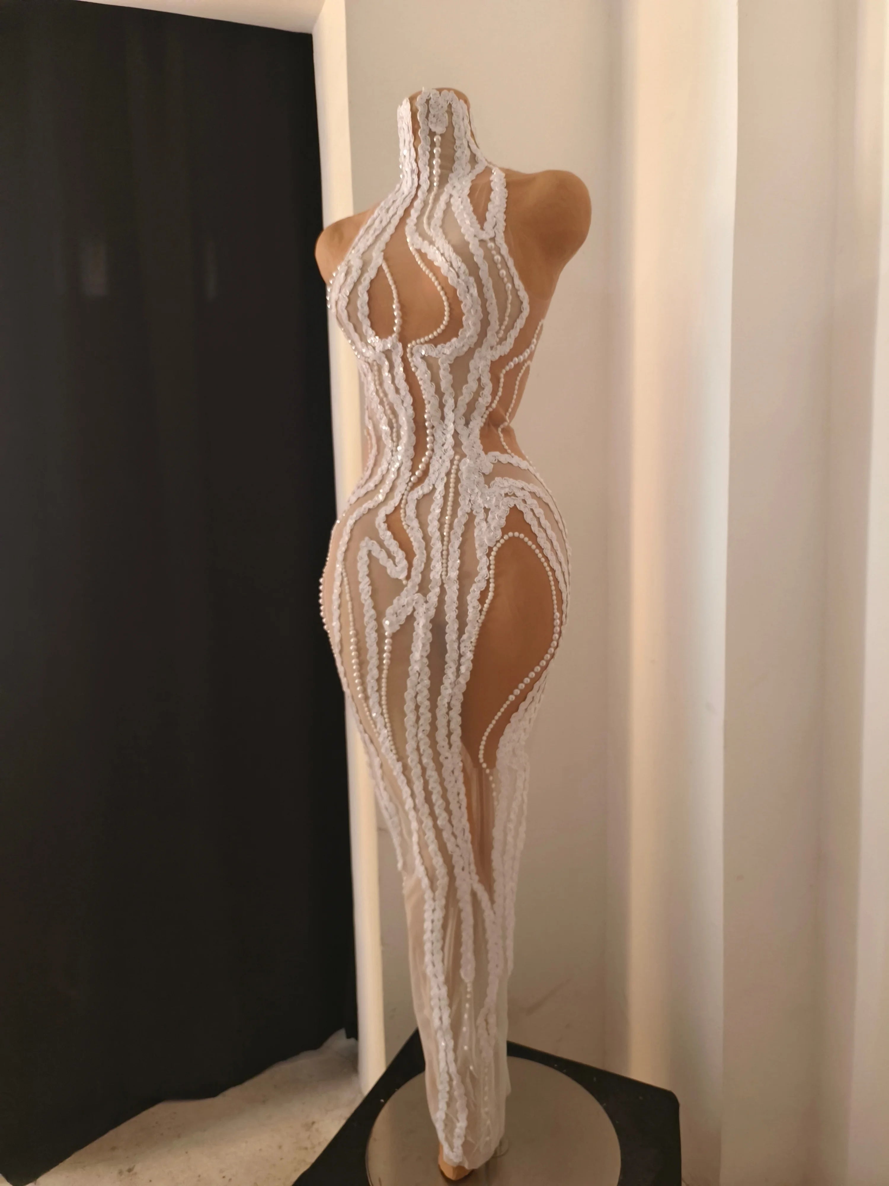 Refined White Sheer Mesh Maxi Dress Women Sexy High Neck Pearl Lace Bodycon Cocktail Nightclub Evening Gala Party Costume