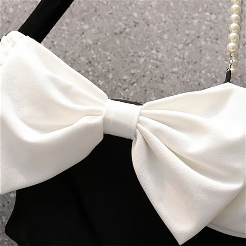 Black Sexy Strap Dress Women Bowknot Fashion Sleeveless High Waist Short Dress Diagonal Collar Elegant Summer Dress Female