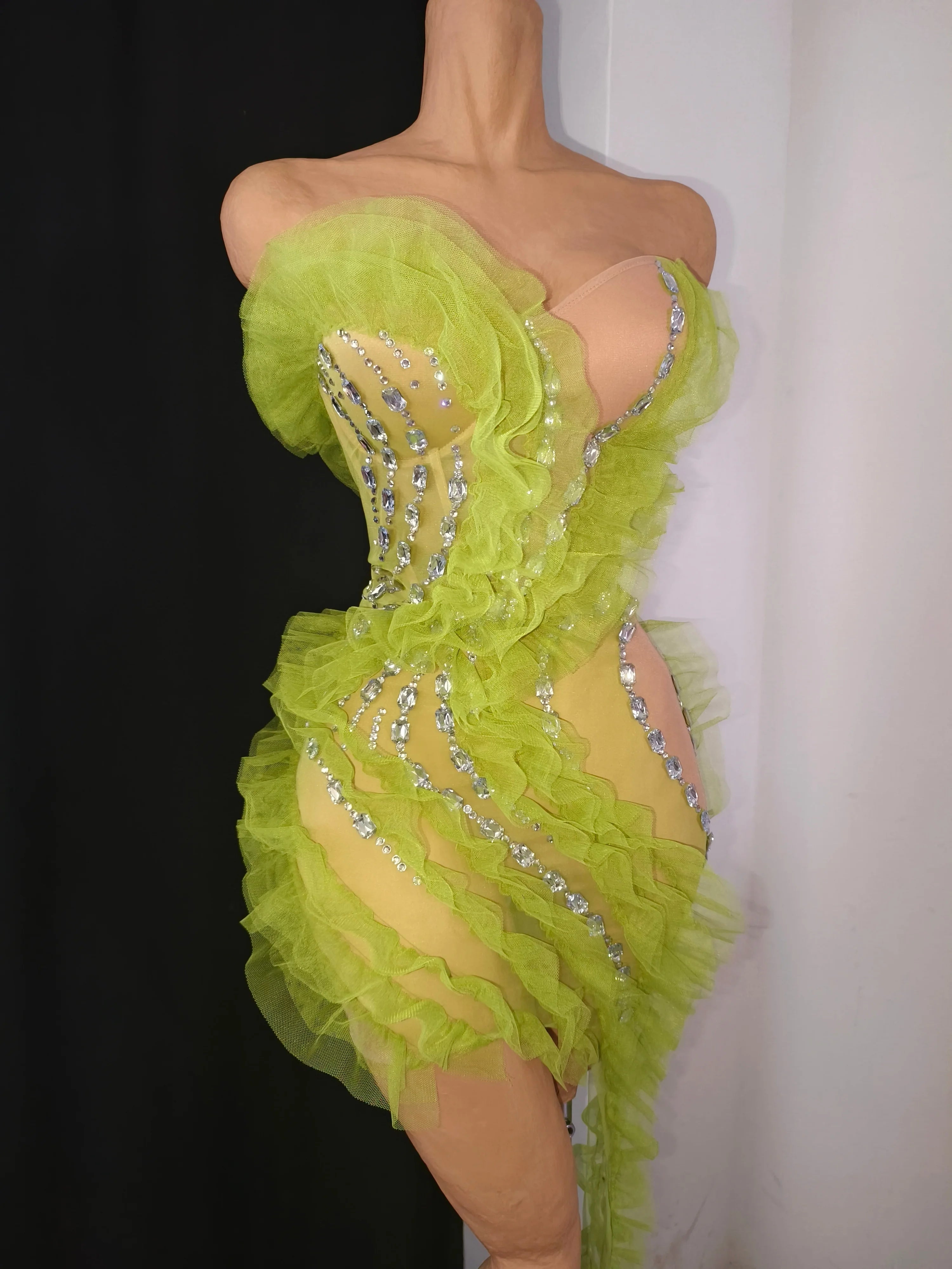 Sparkly Green Sheer Mesh Flowy Ruffle Crystal Rhinestone Dress Slim-fit Nightclub Party Stage Performance Clubwear Outfit