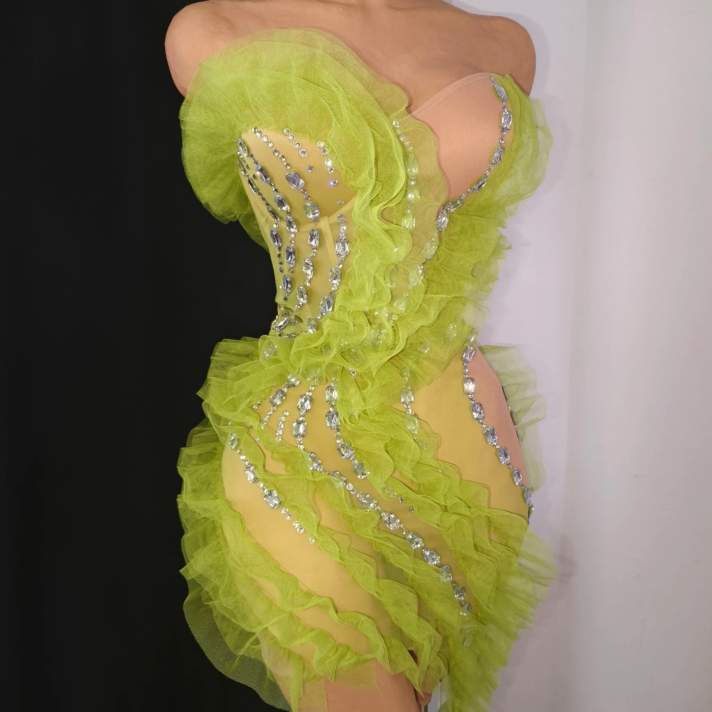 Luxury Green Sheer Mesh Ruffle Dress Neck Crystal Rhinestone Trim Cut Out Slim Fit Evening Wedding Guest Cocktail Party Dress