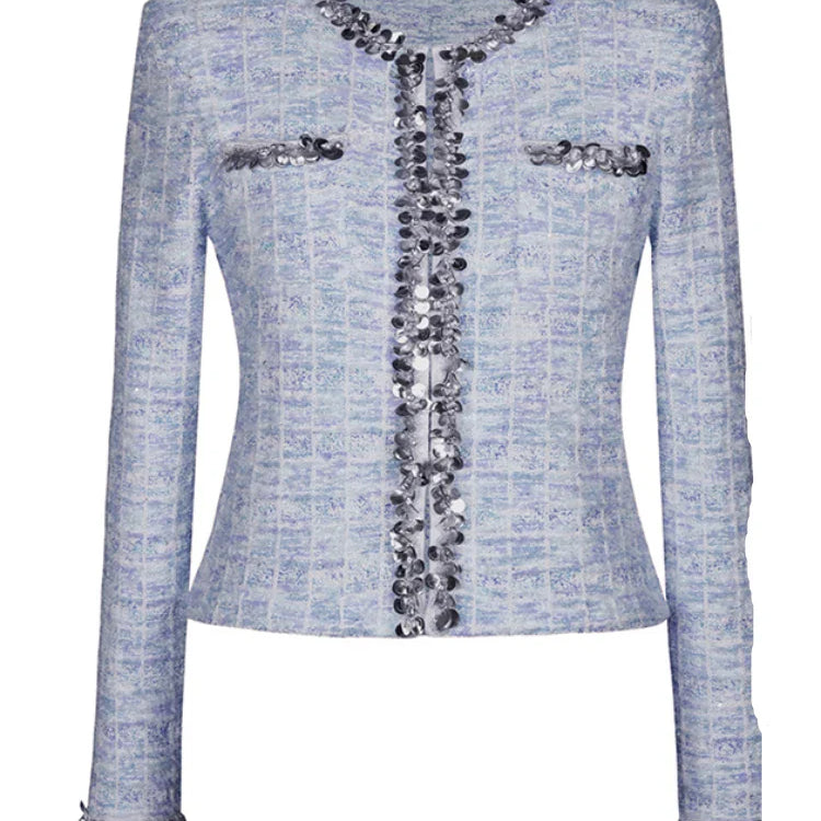 Two Piece Sets for Women Round Neck Long Sleeves Spliced Diamonds Top High Waist Patchwork Pockets Skirt Female New BLUETOP