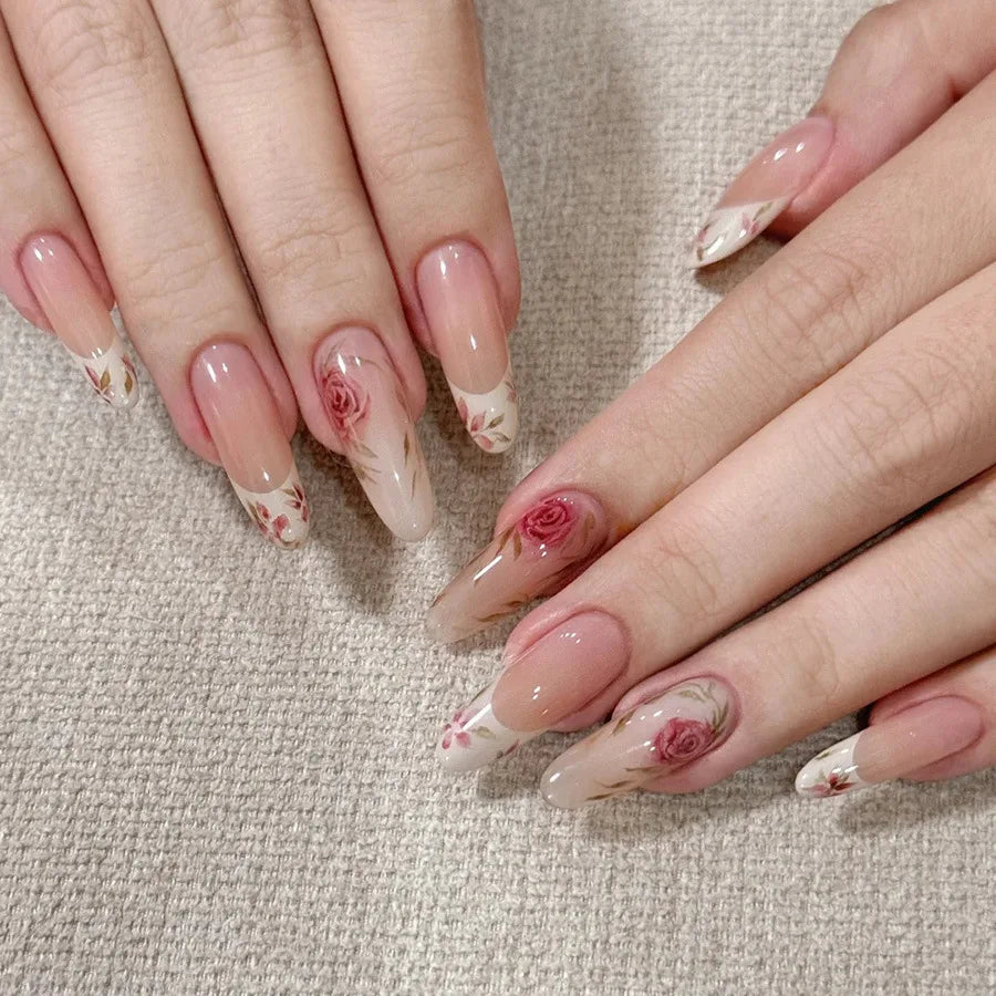 24pcs/set Medium long fake nails square ballet tips flowers butterfly for spring summer season blue green press on false nail 2166