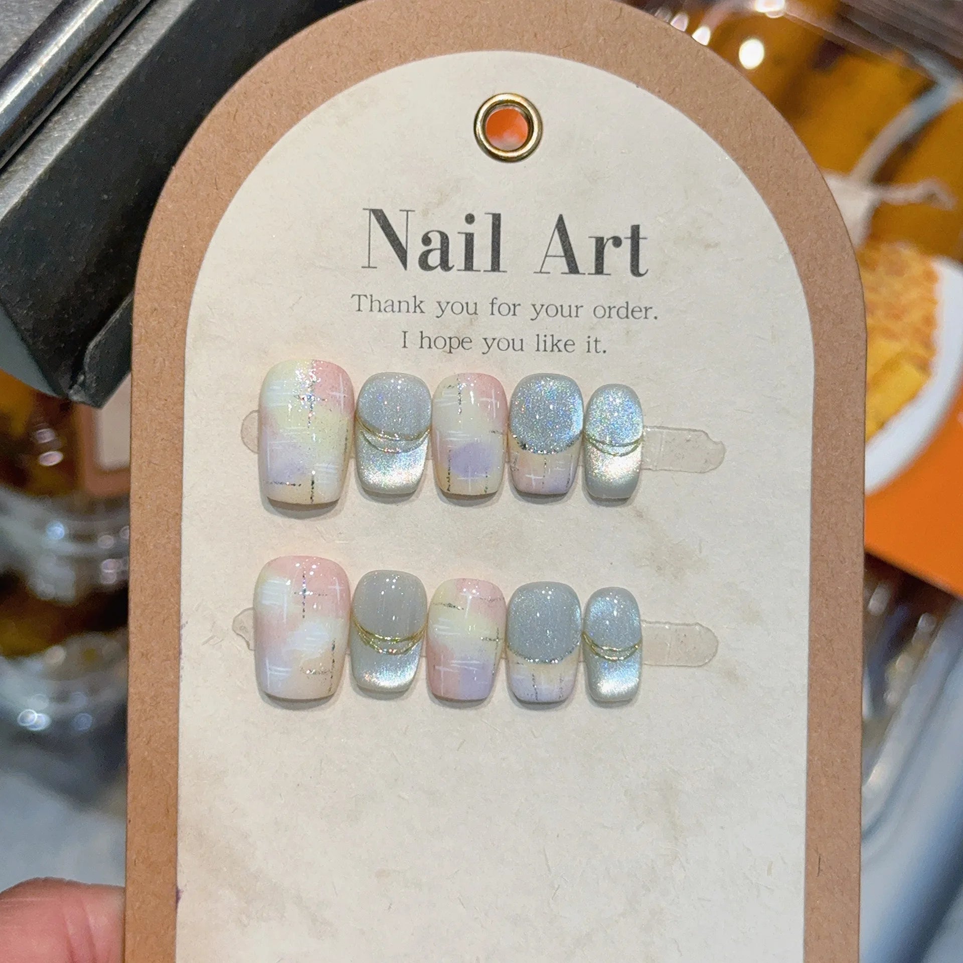 10pcs Crystal Cat Eye False Nails Colorful Mini Flower Fake Nails with Butterfly Design Elegant Press on Nails Short Square Nail