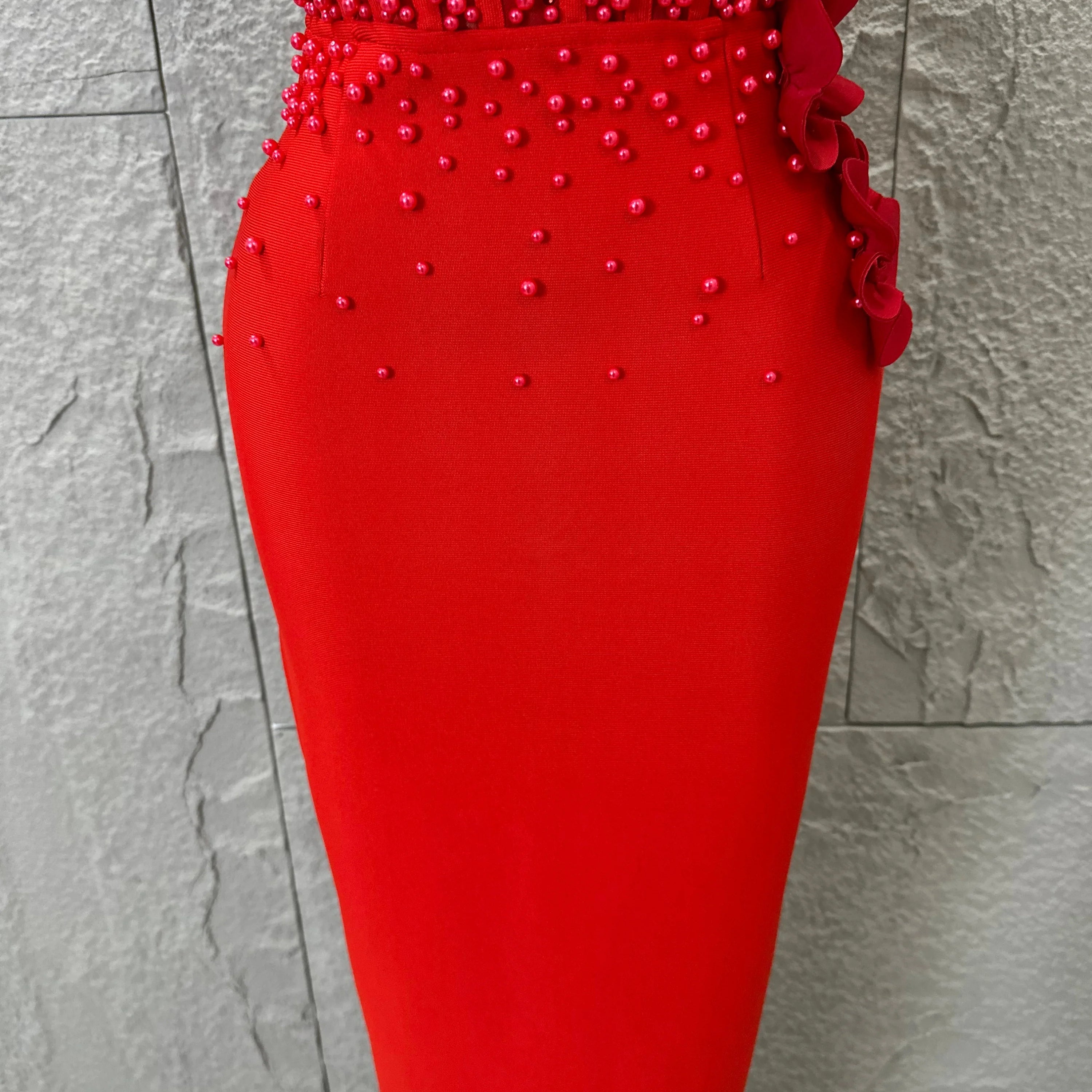 Women Sexy Sheer Mesh Corset Beaded 3D Floral Applique Form-Fitting Outfit Formal Event Party Costum Red Square Neck Maxi Dress