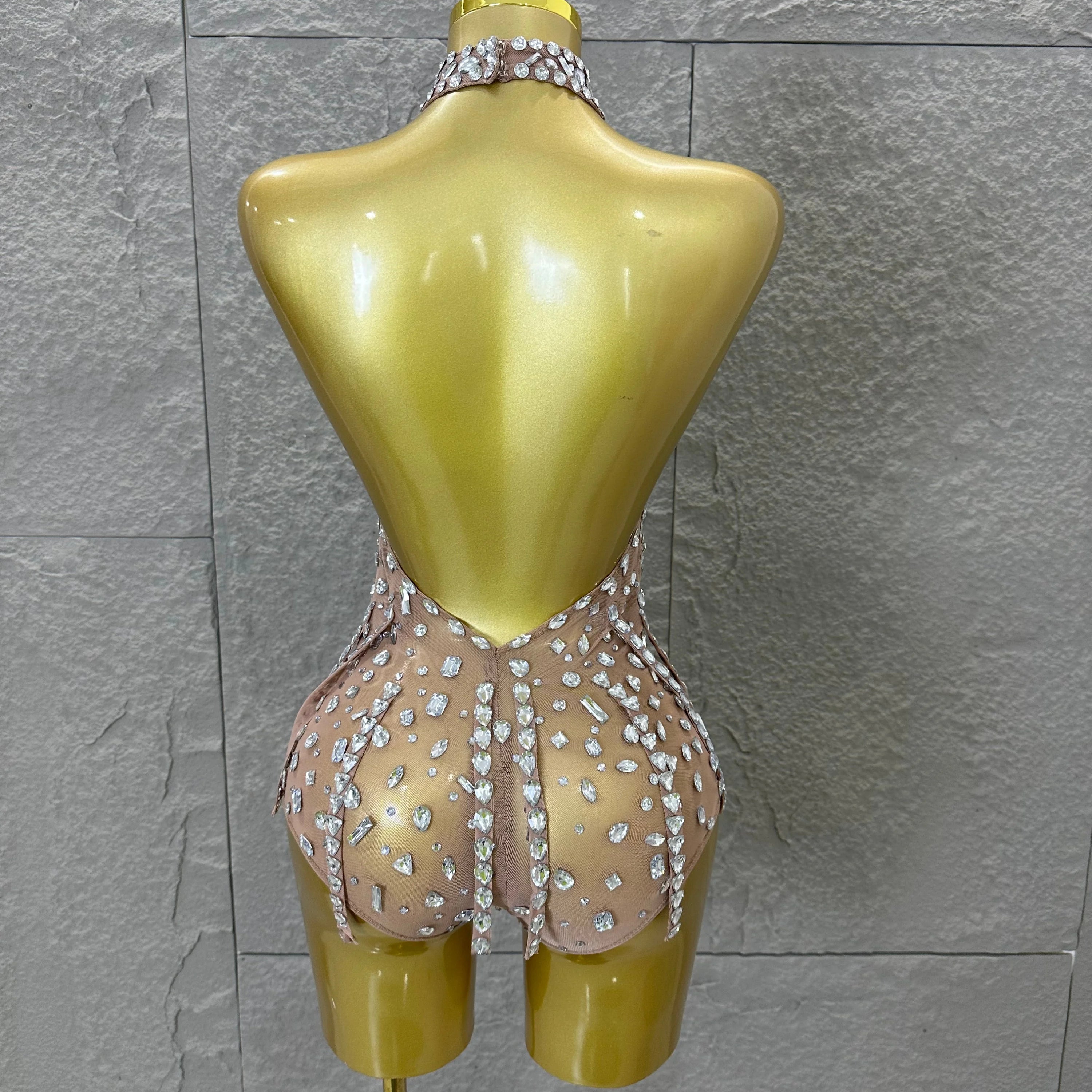Pink Nude Sleeveless Bodysuit Women Sheer Mesh Crystal Rhinestone Embellished Formal Event Performance Costume