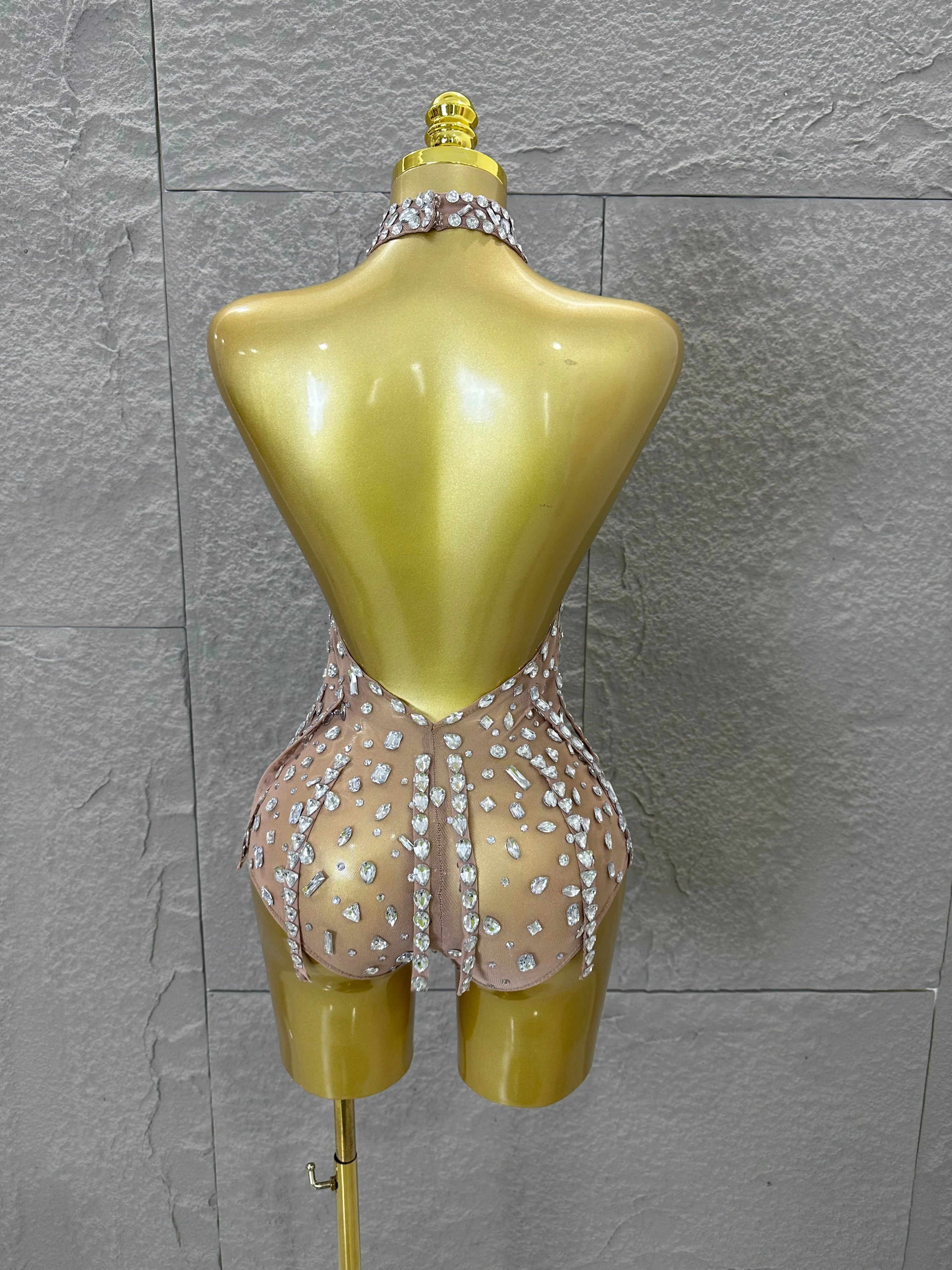Pink Nude Sleeveless Bodysuit Women Sheer Mesh Crystal Rhinestone Embellished Formal Event Performance Costume